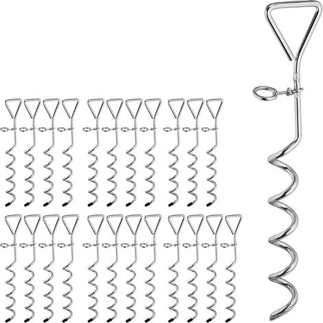 Relaxdays Set of 24 Ground Anchors, Corkscrew, Spiral, Nail, Peg, Heavy Duty, Sturdy, Durable, Tent, 42cm Long, Silver