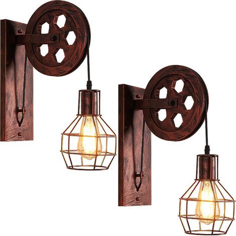 Vintage-Wandleuchte mit Flaschenzug im Industriestil – Wandlampe aus rostigem Metall – Maße: 30,5 x 9,5 cm – Für Schlafzimmer, Wohnzimmer, Restaurant (1/4)