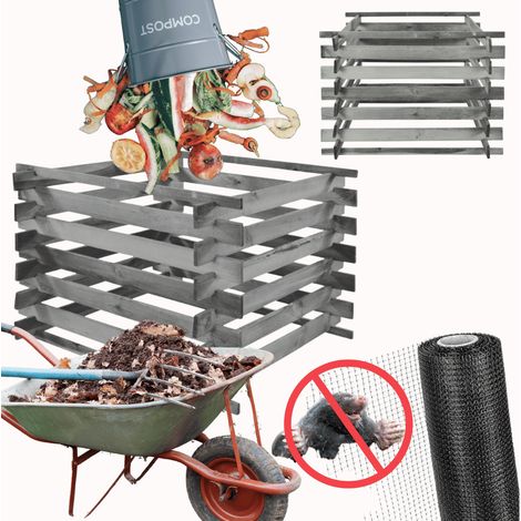 MODO24 Composteur de jardin en bois 600 L, composteur bois imprégné modulable, 70x100x100 cm, montage sans clous, gris (1/5)