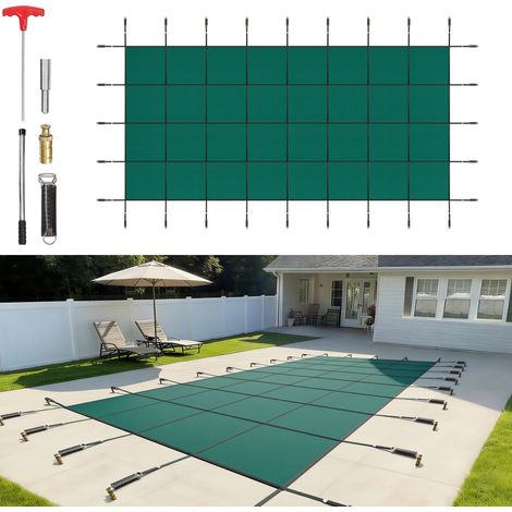 VEVOR Bache Piscine Creusee 6x12,8 m Couverture Rectangulaire Protection Hiver Triple Couture PP Mailles Haute Resistance Permeable a la Pluie avec Outils deInstallation pour Piscines 5,2x12,1 m Vert