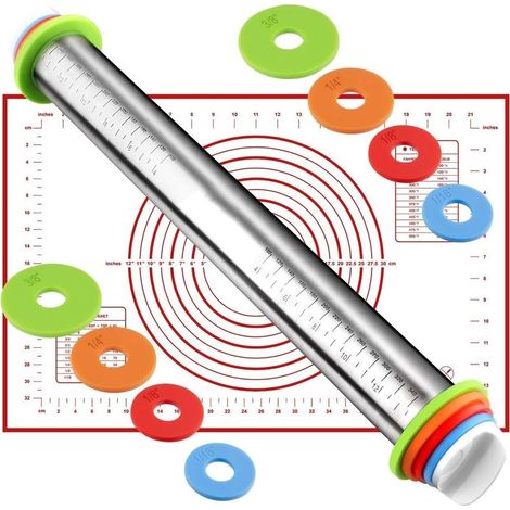 Rouleau à Patisserie en Acier Inoxydable Professionelle avec 4 Paires Disques Réglables,Marquage de Mesure et Tapis de Cuisson en Silicone pour Patisserie,Pizza,Pates,Biscuits (Rouge Tapis) (1/5)