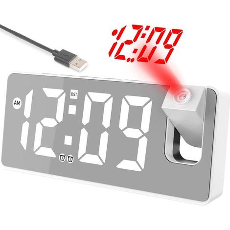 Réveil numérique à projection avec double alarme et fonction snooze, horloge de chambre à brancher sur secteur, affichage numérique, blanc grisâtre (1/5)