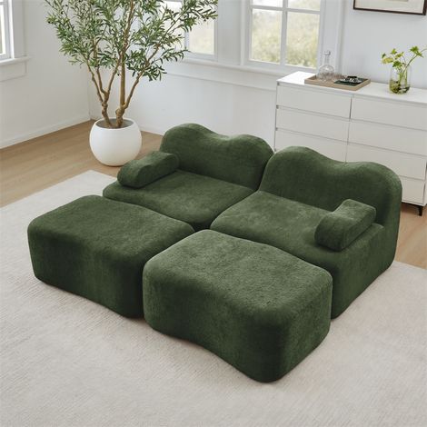 Canapé Modulaire d'Angle 2 Places avec 2 Poufs - 192x167x70cm - Design Vague Ergonomique Sans Cadre en Velours - Vert (1/5)