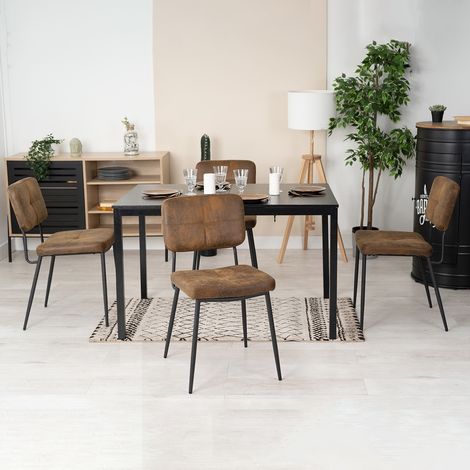 MEUBLES COSY BARI N KAROMI Ensemble de table à manger extensible à allonge avec 4 chaises style industriel, table rectangulaire en MDF noir et chaise en marron tissu (1/5)