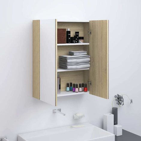 Armoire à miroir de salle de bain-Meuble de salle de bain 60x15x75cm MDF Blanc et chêne 835458 (1/5)