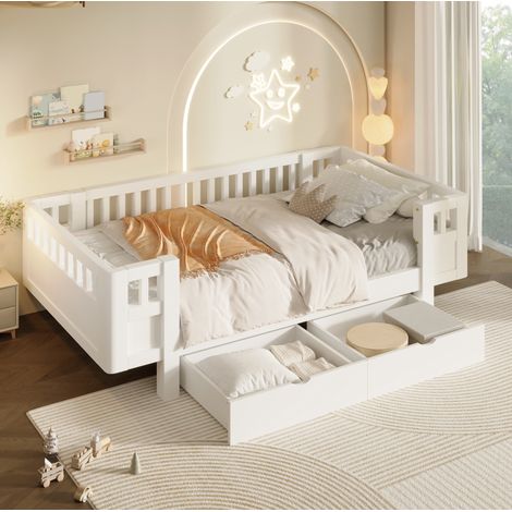 Lit enfant 90x200 cm en bois blanc avec barrières de protection et 2 tiroirs (1/5)