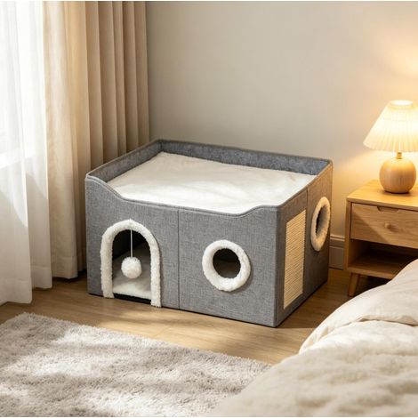 Casa plegable para gato con rascador, cama elevada y cojín reversible gris DESVIAE (1/5)
