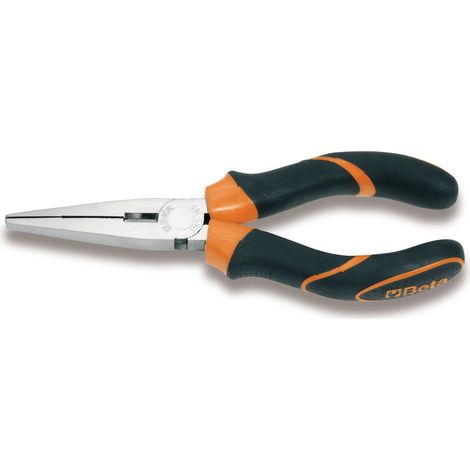 Pince à becs plats longs striés, chromée, branches gainées avec double couche de PVC antidérapant