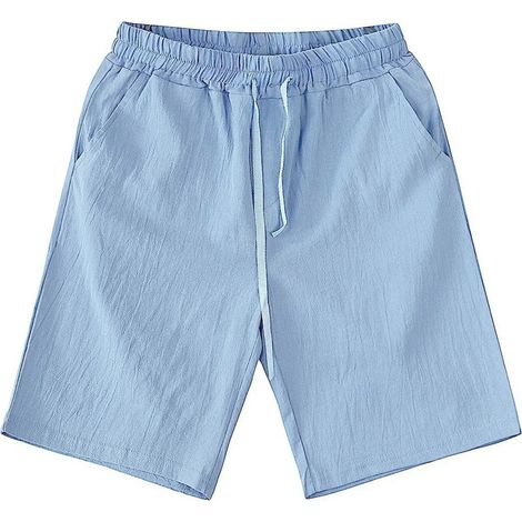Short Homme En Coton Et Lin - Taille Élastique Avec Cordon - Pour Sport Et Plage - Bleu Ciel Taille Xl (1/5)