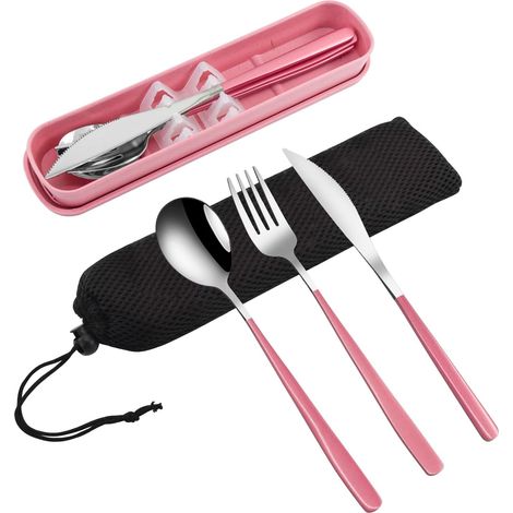 Lot de 3 ustensiles de voyage portables en acier inoxydable 18/8, avec fourchette, cuillère, couteau et étui, pour déjeuner, voyage, (1/5)