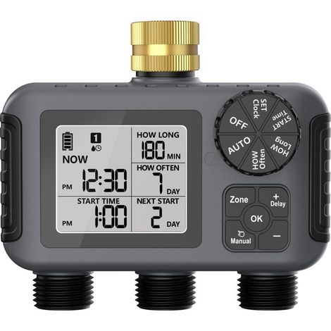 Minuterie d'arrosage programmable 3 voies – Alimentation 2 piles AA – Pression 0,05 à 0,8 Mpa – Retard de pluie pour jardin (1/5)