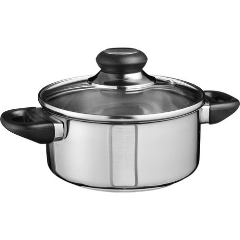 Edelstahl Kochtopf mit Glas Deckel und Messskala - 16 cm - Braten Topf mit Dunstloch für alle Herdarten