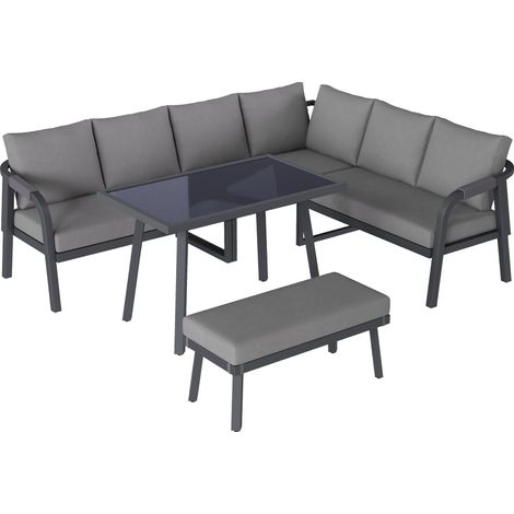 Ensemble de mobilier de jardin avec canapé d'angle gris, table à manger en verre et banc, pour 8 personnes (1/5)