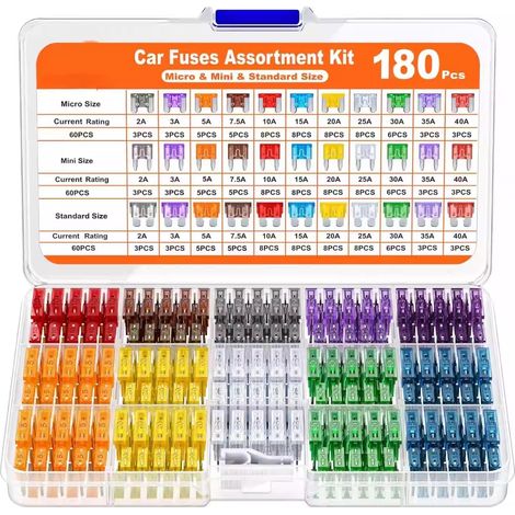 180 Pcs Car Fuses 60 Mini + 60 Standard Fuses + 60 Micro Fuses + Fuse Extractor Assortment 2A 3A 5A 7.5A 10A 15A 20A 25A 30A 35A 40A For (1/5)