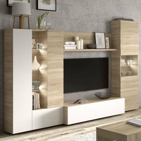Meuble TV compact 260 cm, finition chêne canadien et blanc brillant, dimensions : 185 x 260 x 42 cm (H x l x P). (1/5)