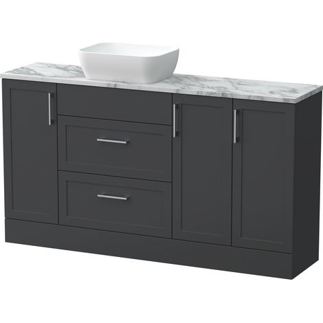 Pirehill Traditional Floor Standing 2 Drawer 3 Door Combination Vanity Unit with Worktop and Countertop Vessel, 1500mm, Dark Grey (1/4)