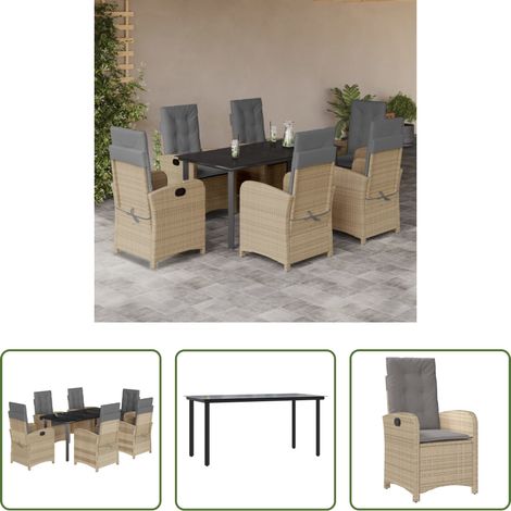 vidaXL Gartenessgruppe -  7-tlg. Garten-Essgruppe mit Kissen Beigemischung Poly Rattan (1/5)