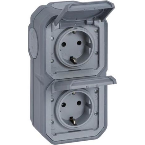 LEGRAND, Plexo New 069744L - Enchufe para ambientes húmedos (2 enchufes, protección táctil, precableado, vertical, IP44 - IK07), color gris (1/3)