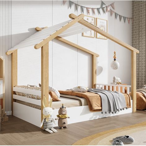 Lit cabane enfant 90 x 200 cm en bois blanc et marron avec LED, rangements et sécurité enfant (1/5)