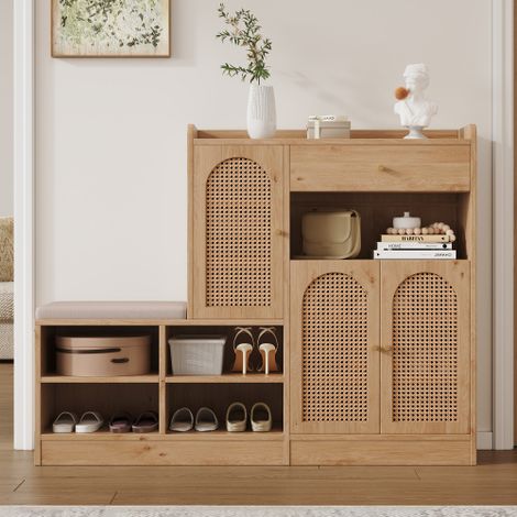 Meuble à chaussures avec banc, 3 portes en rotin tressé et 1 tiroir - 142 x 35 x 110 cm - Panneau de particules - Naturel (1/5)