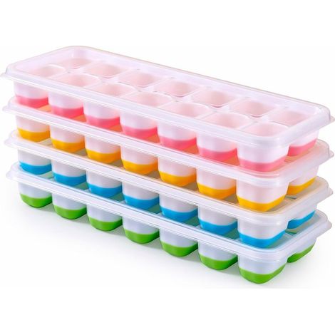 Moule à glaçons en silicone avec couvercle, lot de 4 bacs à glaçons empilables, moule à glaçons sûr et sain pour le babybrei, le cocktail, le whisky et le café (Bleu+Vert+Rose+Jaune) (1/5)