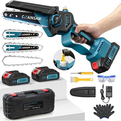 Mini Tronconneuse a Batterie 4000mAh, 6 Pouces 1000W Brushless Tronconneuse Electrique Sans Fil avec Graisseur Automatique et 3 Chaînes, 2 Batteries 2000mAh, Elagueuse Batterie Compatible avec 18V (1/5)