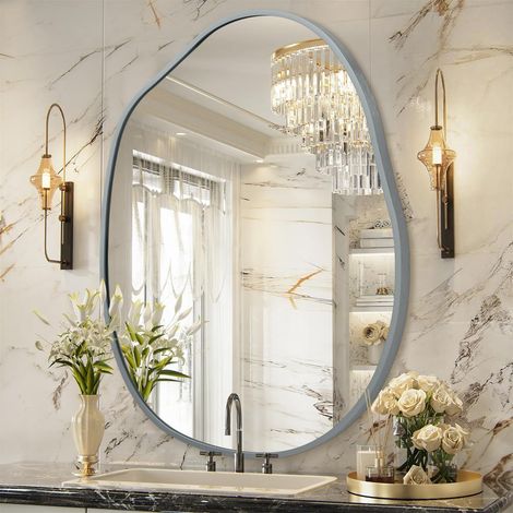 Grand miroir mural irrégulier, miroir asymétrique, 55 x 75 cm, miroir avec cadre en métal pour salle de bain, décoration murale moderne, salon, entrée, chambre à coucher, gris (1/5)