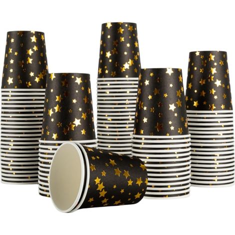 Gobelet en papier - 100 pièces - Noir et or - Motif étoile - Boissons chaudes et froides - 250ml (1/5)