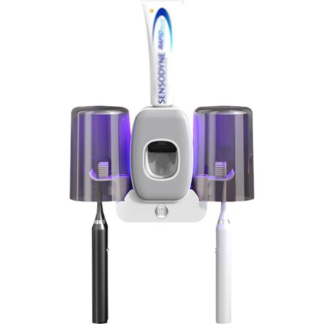 Soporte de pared para cepillos de dientes - Esterilizador UV - Esterilizador inteligente - Soporte adhesivo para cepillos de dientes - Dispensador automático de pasta de dientes - Blanco (1/5)