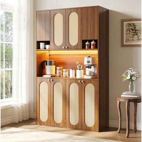Aparador alto CHICFURN 106x40x178 cm MDF natural, ratán PE, LED regulable, 8 puertas (1/5)