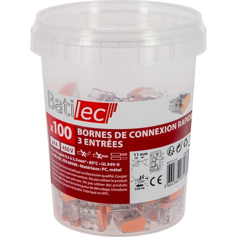 Batilec – Lot de 100 bornes de connexion automatique 3 entrées – Pour fils rigides et semi-rigides 1 à 2,5 mm² – Connexion sans outil – Tension 400V (1/2)