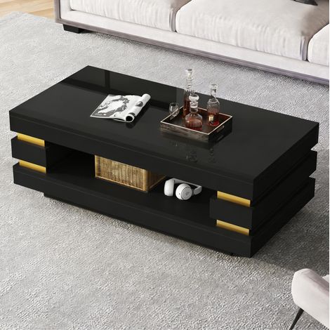 Mesa de centro 100x50x35 cm negra en tablero de partículas con LED y almacenamiento abierto (1/5)