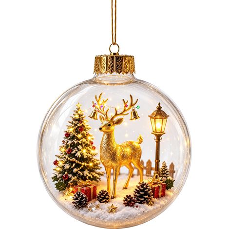 Boule à neige de Noël en acrylique avec lumière LED, scène de traîneau de rennes enneigée, décoration à suspendre pour sapin de Noël de style américain (1/5)