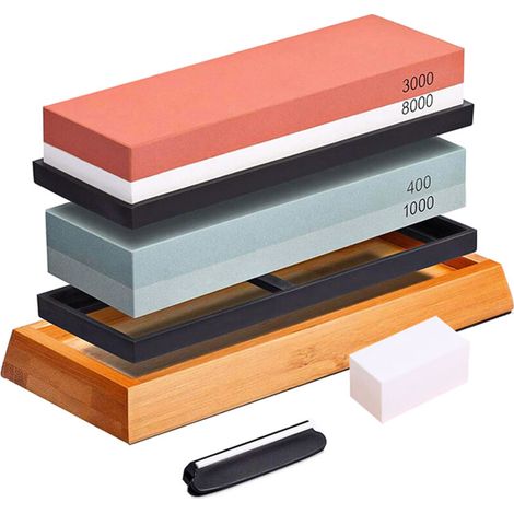 Eosnow Double-Sided Sharpening Stone 400/1000 & 3000/8000 Grit - For Kitchen Knives - Non-Slip Base with Angle Guide (1/5)