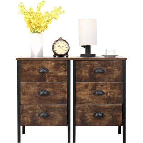 FURNITURE HMD Retro Industrial Style Bedroom Night Stand x 2 Pcs,Bedside Table for Bedroom,Burning Wood Colour,40x35x61cm(WxDxH) (1/5)