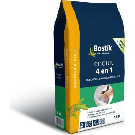 Bostik – Enduit de rebouchage 4 en 1 poudre – Rebouche jusqu’à 3 cm – Prêt à l'emploi – Pour tous supports intérieurs – Conditionnement 5KG