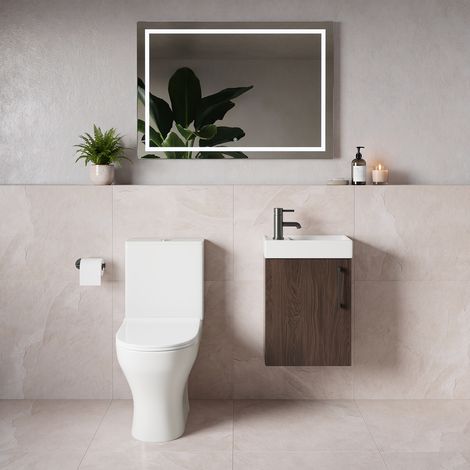 Napoli Cube Brown Oak 400mm Single Door Wall Mounted Vanity Unit and Jubilee Toilet Suite with Align Basin - 400mm - Gunmetal Grey 160mm Handle