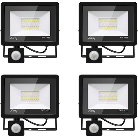 4PACK - Projecteur LED 30W Avec Détecteur de Mouvement, Blanc Froid (6000K) 3000LM, Extérieur IP66 Imperméable, Pour Sécurité, Garage, Couloir