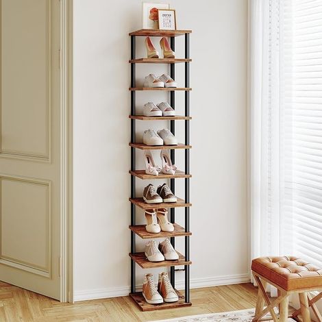 Étagère à Chaussures, Meuble à 10 Niveaux, de Rangement, Petits Espaces, Structure à Visser, pour Entrée, Salon, Chambre, Marron Rustique et Noir EBF32XJ01 (1/3)