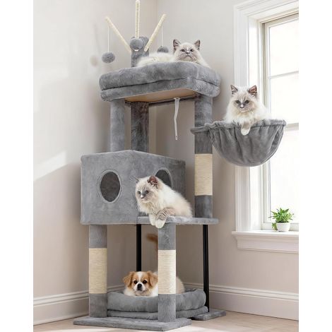 Arbre à Chat 115 cm pour Chats d’Intérieur, Tour avec Grande Plateforme, Niche Cachée, Hamac, Lit Douillet, Poteaux à Griffer, 3 Pompons, Meuble pour Chat, Gris Clair HCT202SW (1/5)