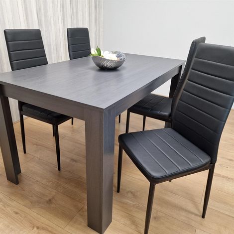 Dining Table and 4 Chairs Black Dark Grey 4 Black Leather Chairs Wood Dining Set Furniture (1/5)