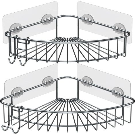 Duschablage für den Innenbereich, Eckduschablage, selbstklebender Eckduschkorb, wandmontierter Duschkorb, Duschkorb aus Edelstahl mit Saugnapf (2er-Set, silber), kein Bohren erforderlich (1/5)