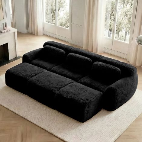 Divano modulare cloud senza struttura in tessuto peluche nero con 3 ottomani, OKWISH (1/5)