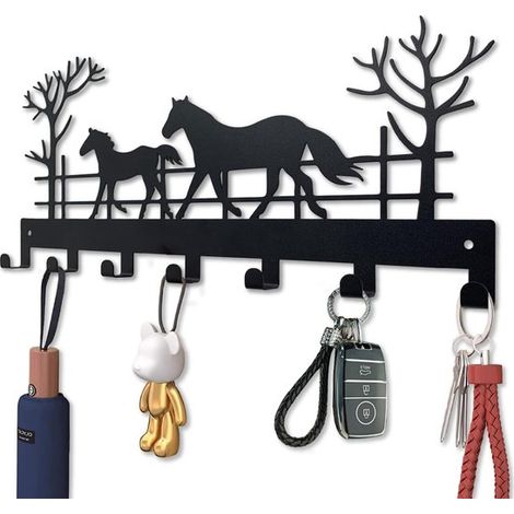 Porte-clés mural - 30,47 x 13 cm - Noir - Porte-clés à 7 crochets - Décoration intérieure - Fer forgé - Crochets pour clés - Organisateur de clés (1/5)