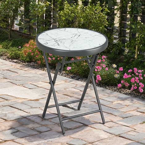Table de jardin pliante ronde en verre trempé effet marbre 45 cm (1/5)