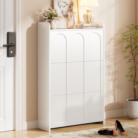 Étagère à chaussures haute 70x25x120 cm, 6 casiers, meuble de rangement pour entrée, couloir, salon et bureau, en panneau MDF blanc. (1/5)
