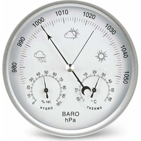 Wetterstation mit Zifferblattbarometer, Thermometer, Hygrometer und barometrischer Druckanzeige (metrisch) – Silber, 132 mm – Crezuo (1/4)
