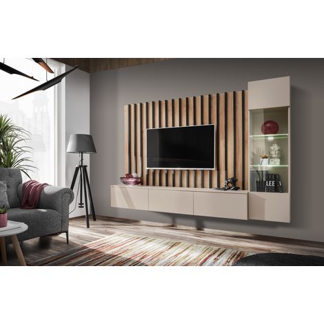 Ensemble meuble TV mural Verti avec vitrine et éclairage LED - Bois MDF cachemire et noir et chêne artisan - 220 x 148 x 35 cm - Livraison gratuite (1/3)