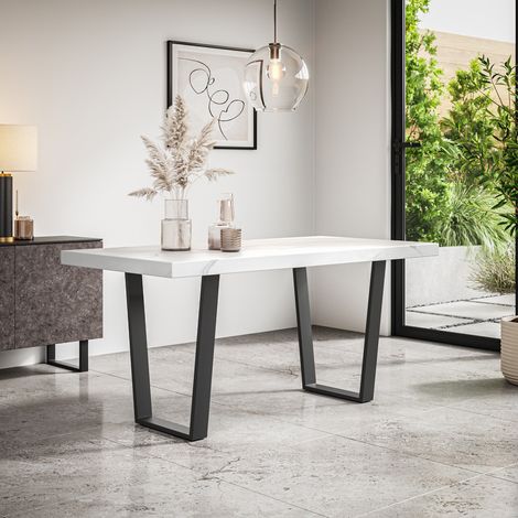 Aria Dining Table Modern White Marble Effect Table Top w Black Legs