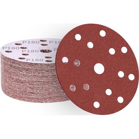 Disques abrasifs 150 mm 50 pièces grain 180,papier abrasif en alumine calcinée 15 trous,revêtement abrasif antiadhésif pour ponceuse orbitale (1/5)
